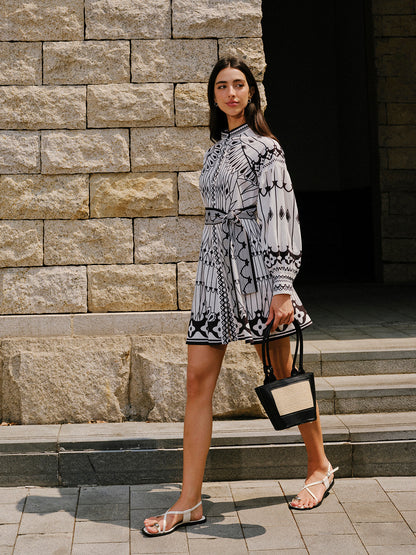 Keten Karışımlı Uzun Kollu Kemer Detaylı Elbise