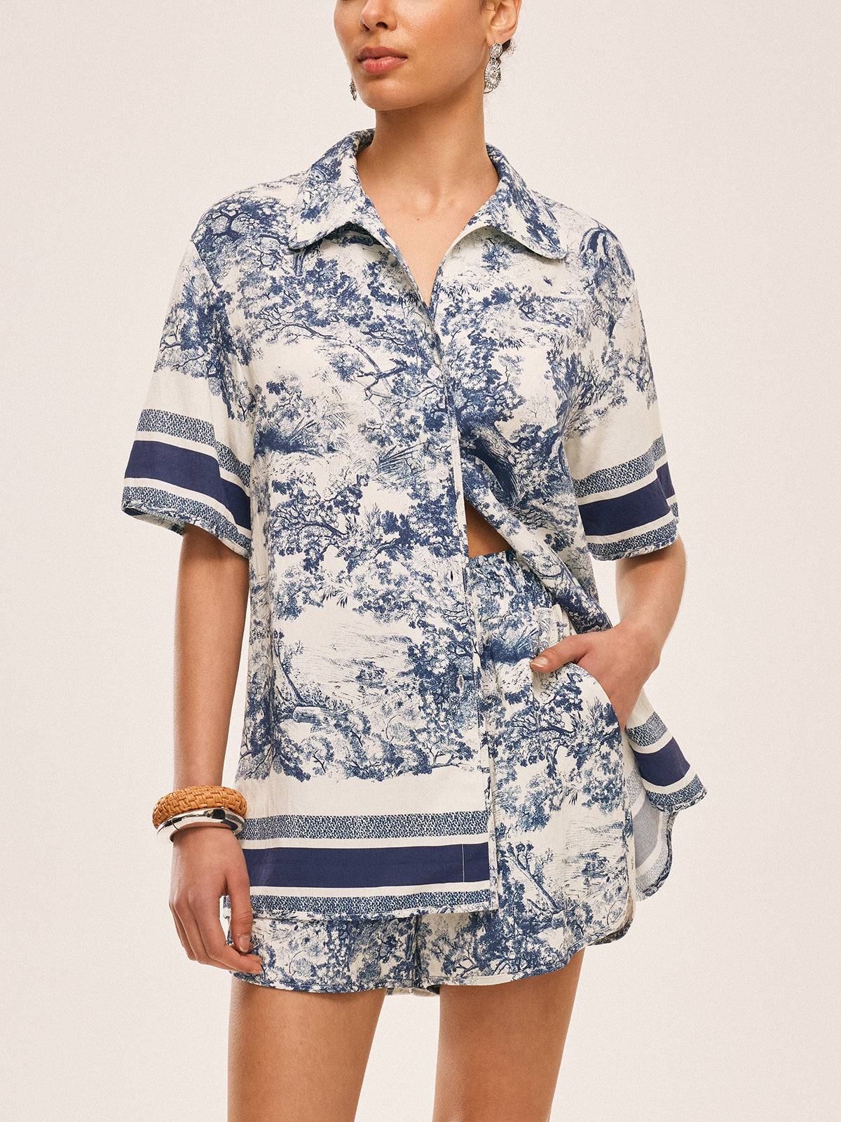 Baskılı Kontrast Kenar Detaylı Şort Takımı