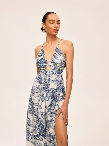 Desenli Kontrast Kenar Detaylı Düğümlü Yırtmaçlı Elbise