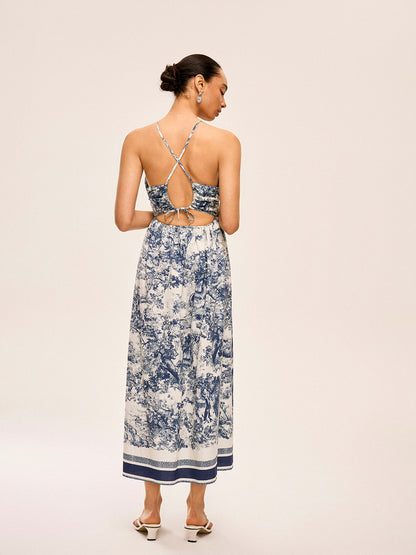 Desenli Kontrast Kenar Detaylı Düğümlü Yırtmaçlı Elbise