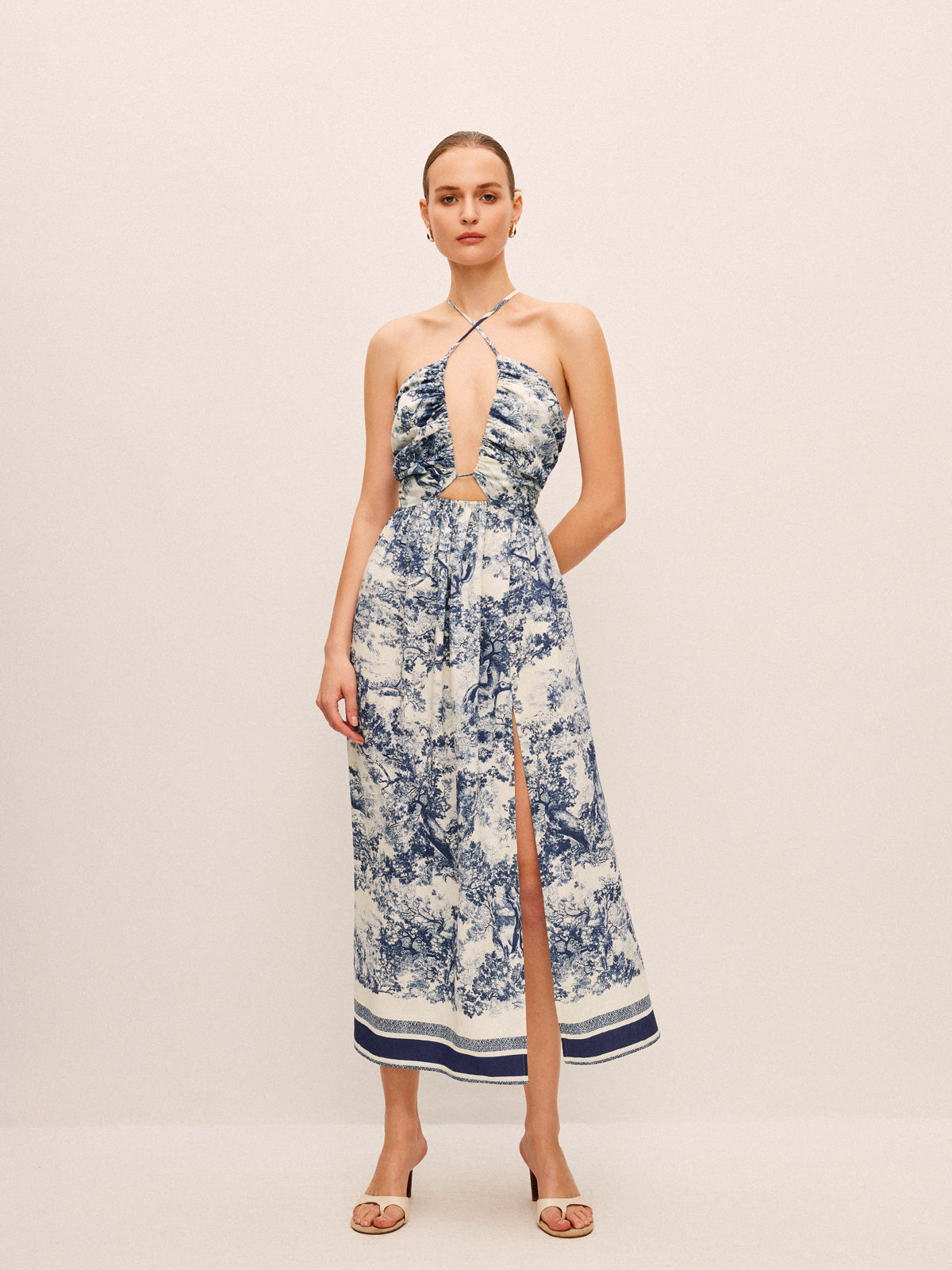 Desenli Kontrast Kenar Detaylı Düğümlü Yırtmaçlı Elbise