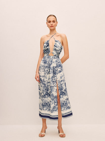 Desenli Kontrast Kenar Detaylı Düğümlü Yırtmaçlı Elbise