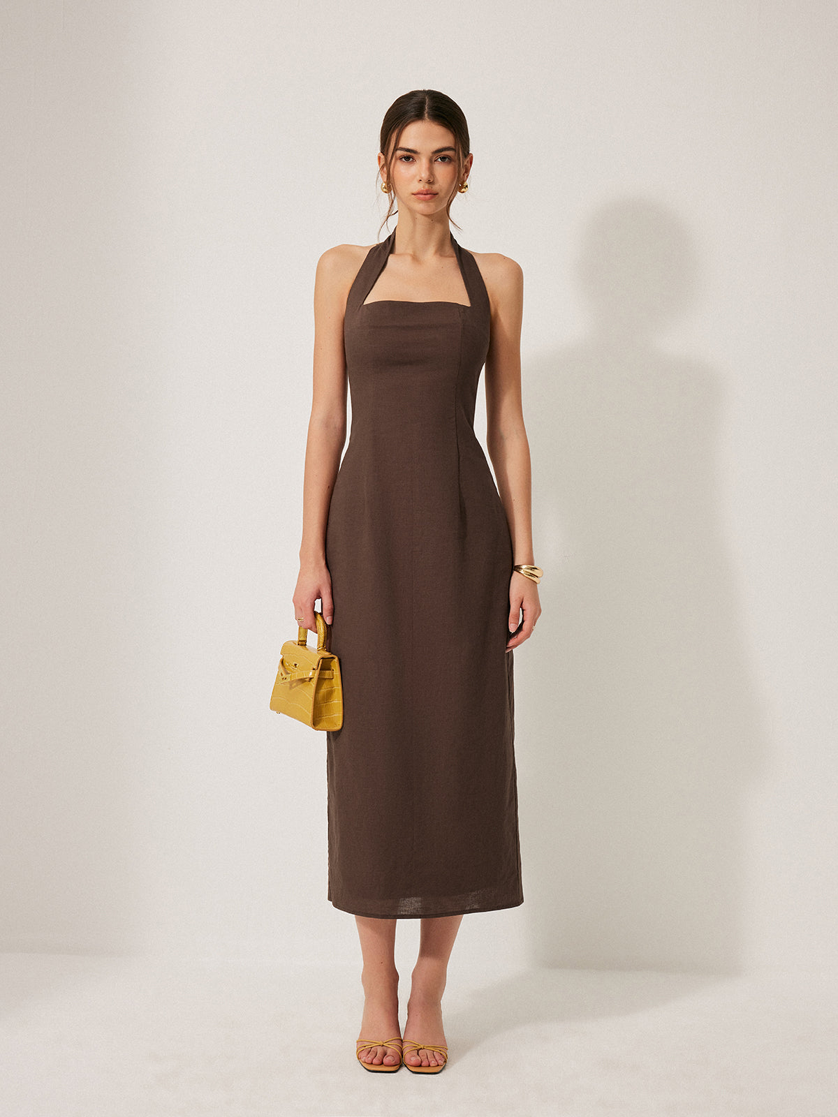 Pamuk ve Keten Karışımı Halter Sırt Dekolteli Yırtmaçlı Elbise