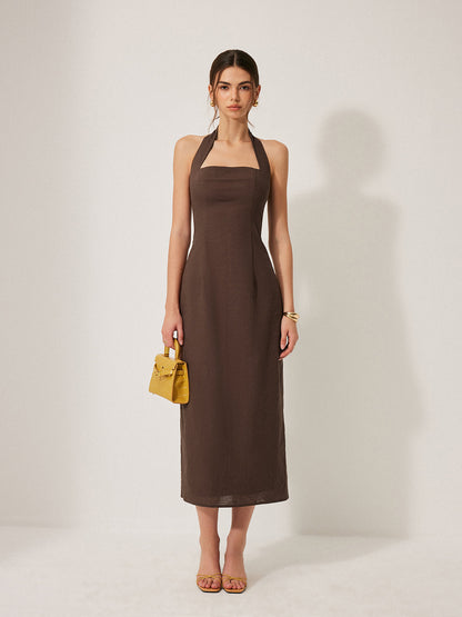 Pamuk ve Keten Karışımı Halter Sırt Dekolteli Yırtmaçlı Elbise