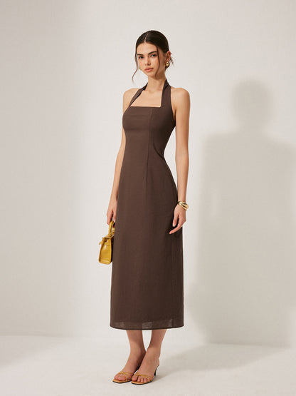 Pamuk ve Keten Karışımı Halter Sırt Dekolteli Yırtmaçlı Elbise
