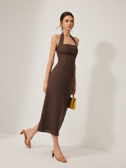 Pamuk ve Keten Karışımı Halter Sırt Dekolteli Yırtmaçlı Elbise