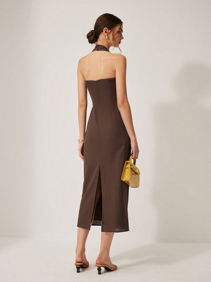 Pamuk ve Keten Karışımı Halter Sırt Dekolteli Yırtmaçlı Elbise