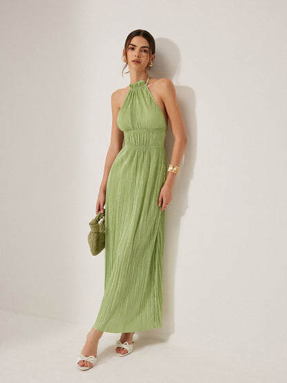 Pileli Halter Yaka Sırt Dekolteli Elbise