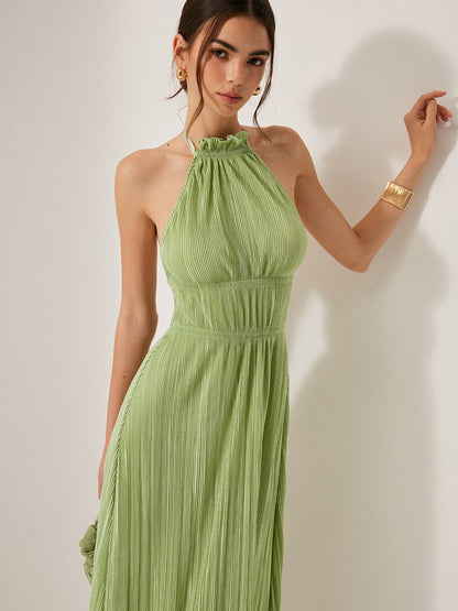 Pileli Halter Yaka Sırt Dekolteli Elbise