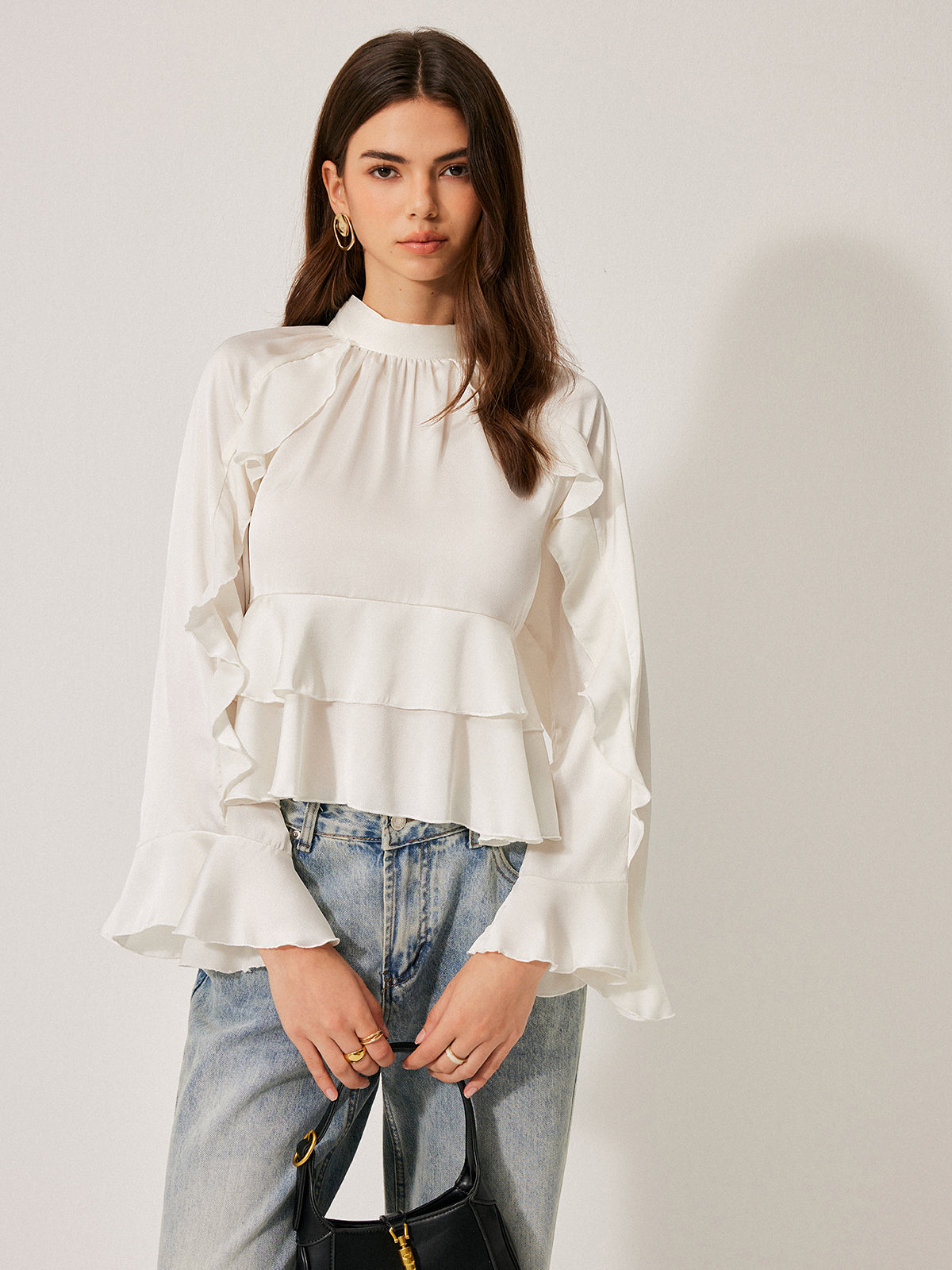 Dik Yaka Düğmeli Volanlı Peplum Bluz