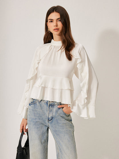 Dik Yaka Düğmeli Volanlı Peplum Bluz
