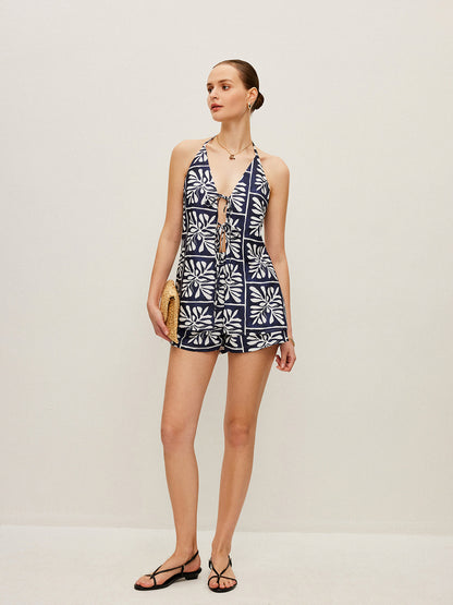 Çiçek Desenli Halter Yaka Şort Takımı