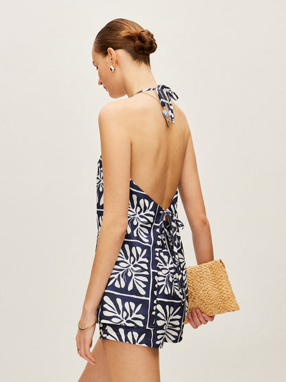 Çiçek Desenli Halter Yaka Şort Takımı