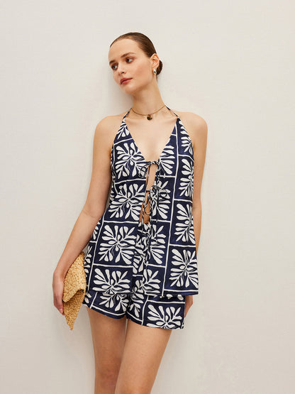 Çiçek Desenli Halter Yaka Şort Takımı