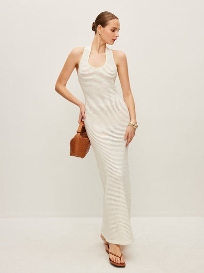 Yarı Şeffaf Triko Sırt Dekolteli Elbise