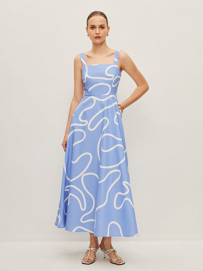 Soyut Desenli Kare Askılı Maxi Elbise
