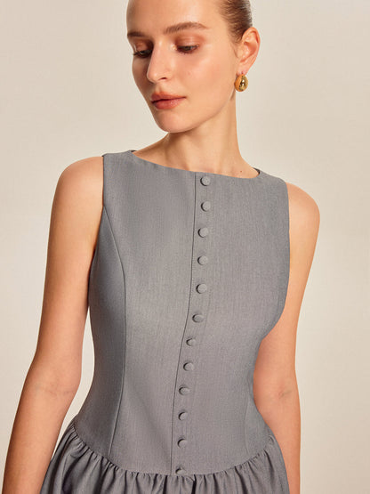 Önden Düğmeli Pileli Kolsuz Elbise