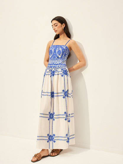 Baskılı Ayarlanabilir İnce Askılı Fermuarlı Elbise