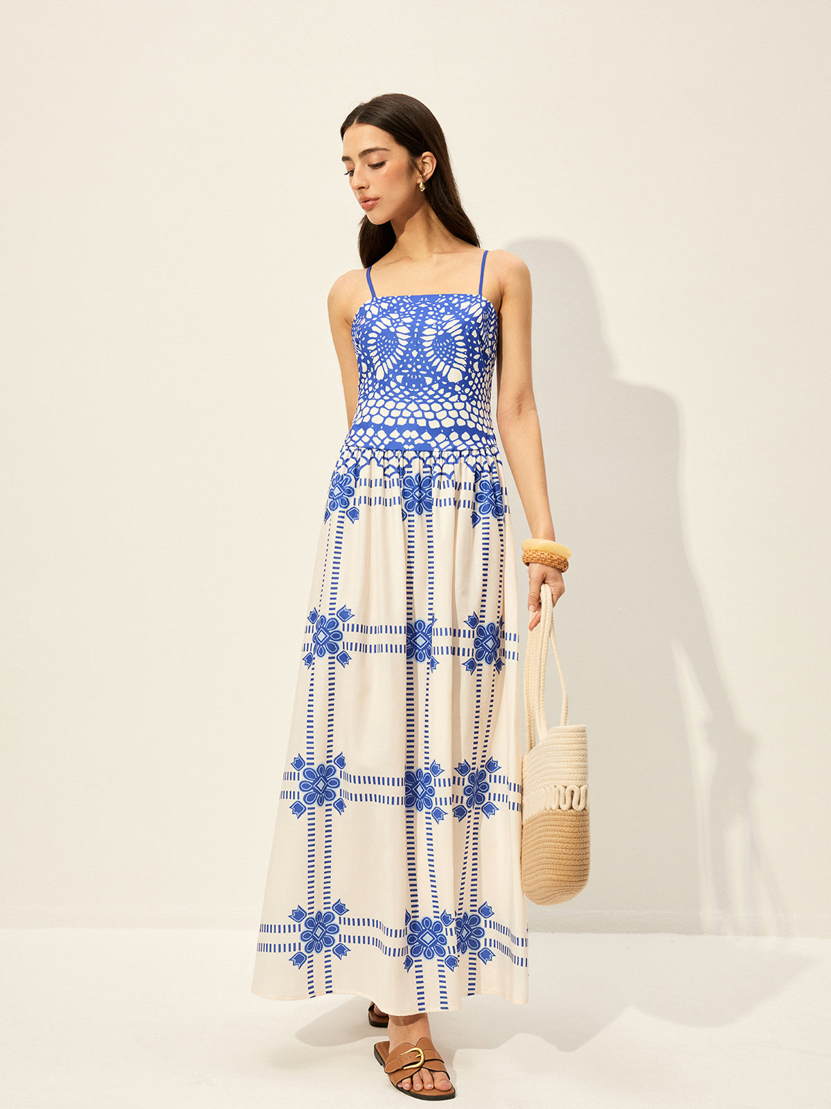 Baskılı Ayarlanabilir İnce Askılı Fermuarlı Elbise