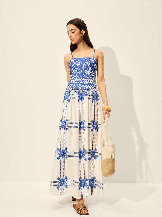 Baskılı Ayarlanabilir İnce Askılı Fermuarlı Elbise