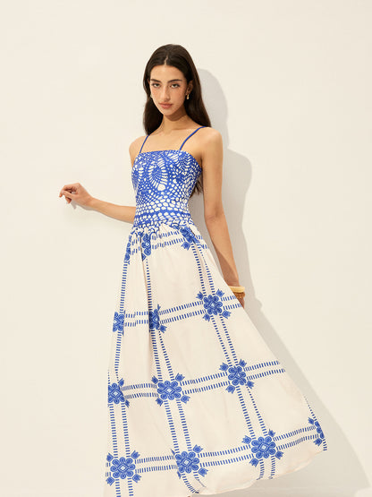 Baskılı Ayarlanabilir İnce Askılı Fermuarlı Elbise