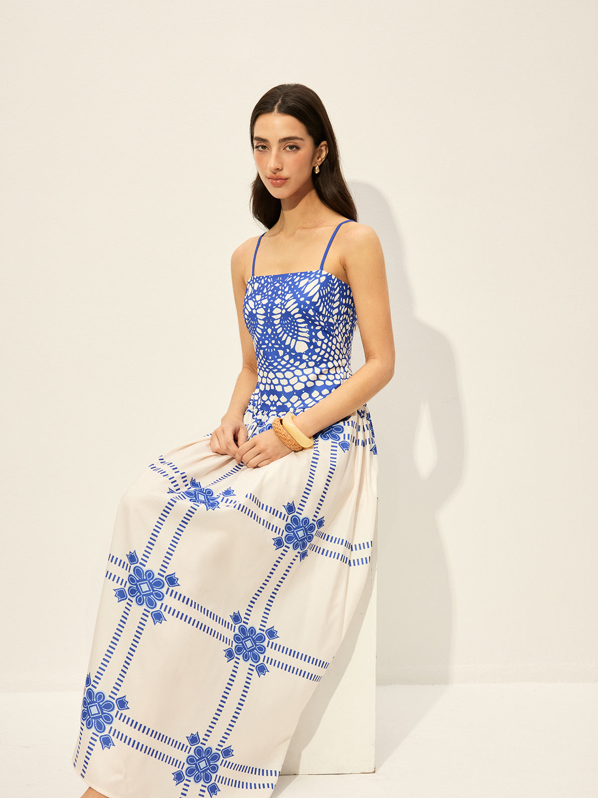 Baskılı Ayarlanabilir İnce Askılı Fermuarlı Elbise