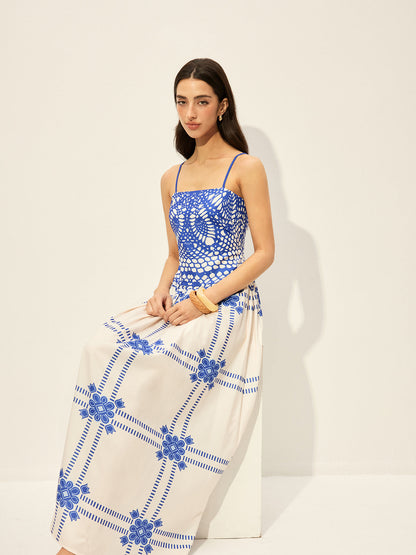 Baskılı Ayarlanabilir İnce Askılı Fermuarlı Elbise