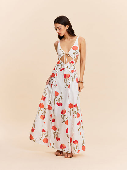 Çiçek Desenli Yırtmaçlı ve Arkadan Bağlamalı Elbise