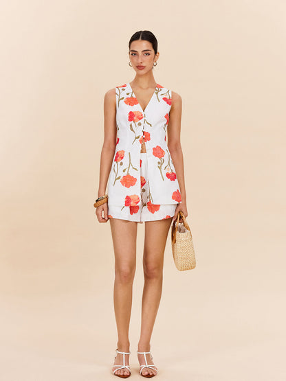 Düğmeli Ön Kısımlı Çiçek Desenli Şort Takımı