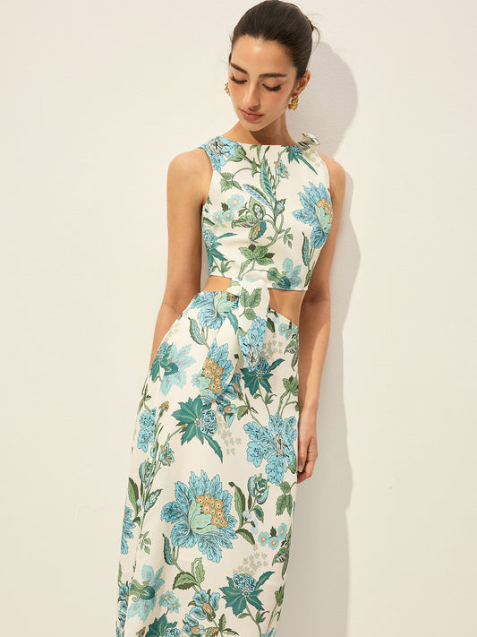 Çiçek Desenli Kesik Detaylı Elbise