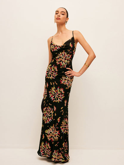 Yarı Şeffaf Bohem Bağcıklı Şifon Askılı Elbise