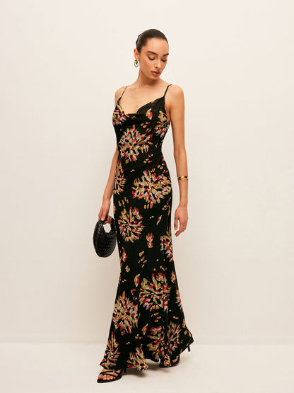 Yarı Şeffaf Bohem Bağcıklı Şifon Askılı Elbise