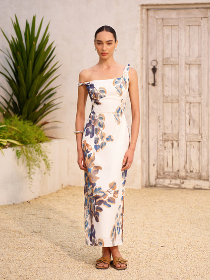 Bohem Baskılı Asimetrik Yaka Fermuarlı Yırtmaçlı Elbise