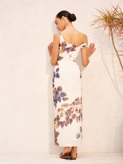 Bohem Baskılı Asimetrik Yaka Fermuarlı Yırtmaçlı Elbise