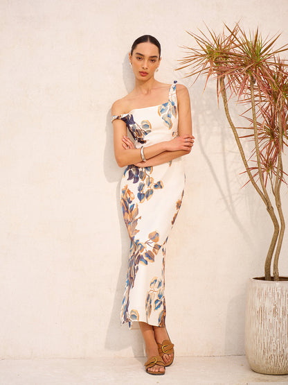 Bohem Baskılı Asimetrik Yaka Fermuarlı Yırtmaçlı Elbise