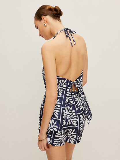 Çiçek Desenli Halter Yaka Şort Takımı