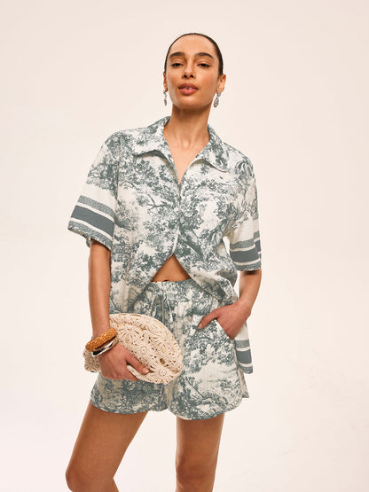 Baskılı Kontrast Kenar Detaylı Şort Takımı