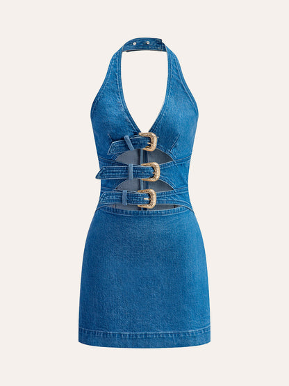 Halter Yaka Tokalı Detaylı Kot Elbise