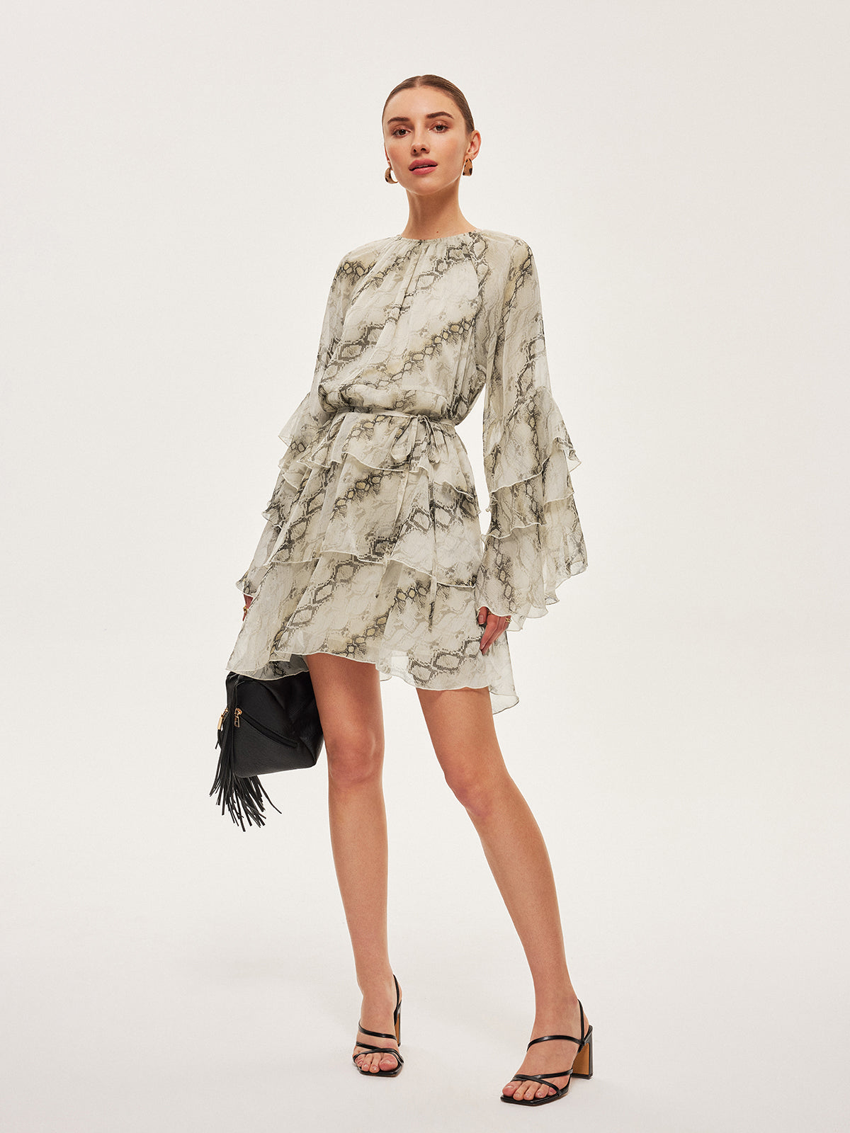 Şeffaf Baskılı Fırfır Detaylı Kemerli Elbise