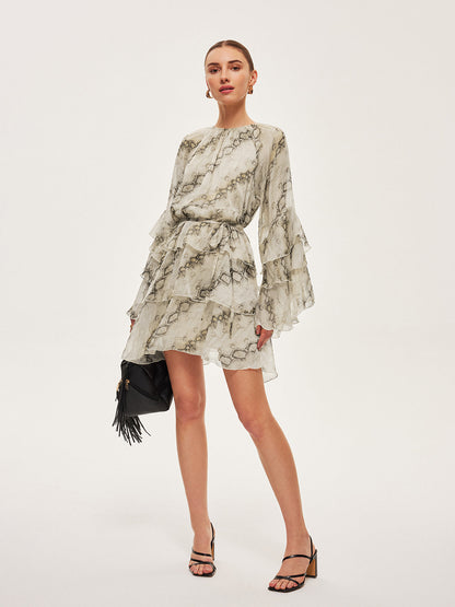 Şeffaf Baskılı Fırfır Detaylı Kemerli Elbise