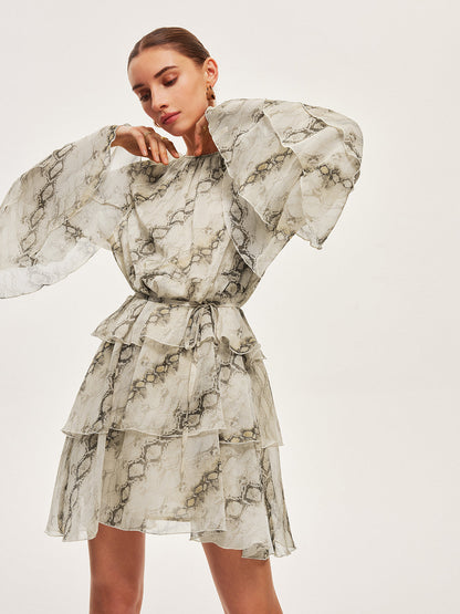 Şeffaf Baskılı Fırfır Detaylı Kemerli Elbise