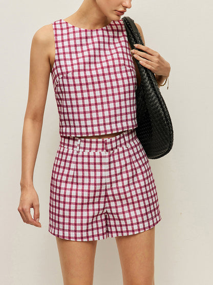 Dama Desenli Kolsuz Crop Top ve Şort Takımı