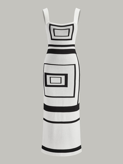 Geometrik Panelli Kare Yaka Triko Elbise