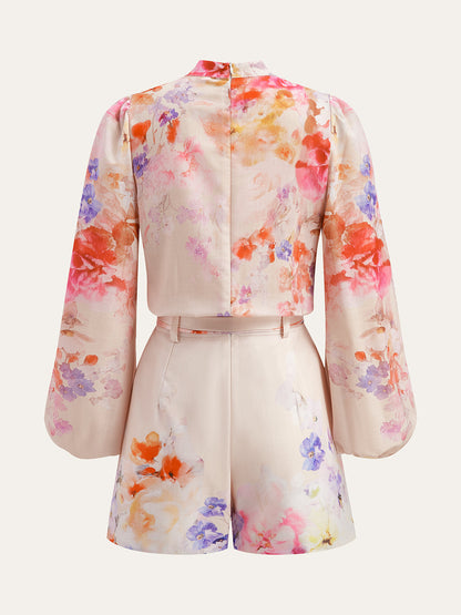 Sulu Boya Çiçek Desenli Kuşaklı Şort Takımı