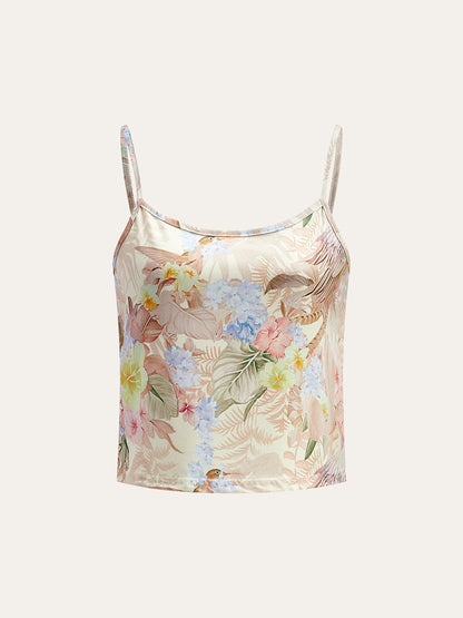 Kemerli Çiçek Desenli Üç Parçalı Şort Takım