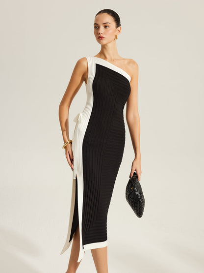 Yan Bağlamalı Renk Bloklu Tek Omuzlu Triko Elbise