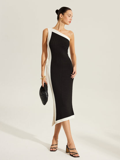 Yan Bağlamalı Renk Bloklu Tek Omuzlu Triko Elbise