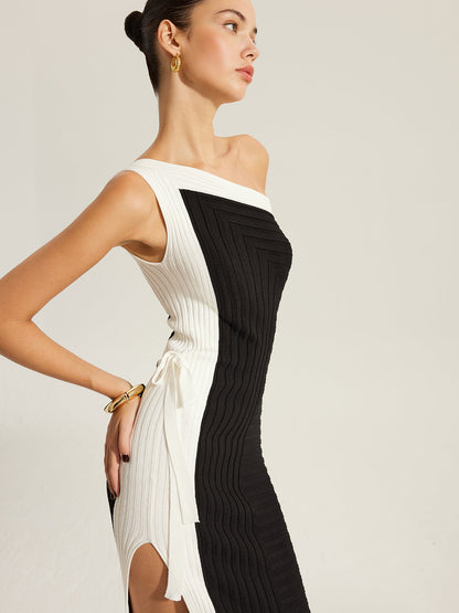 Yan Bağlamalı Renk Bloklu Tek Omuzlu Triko Elbise