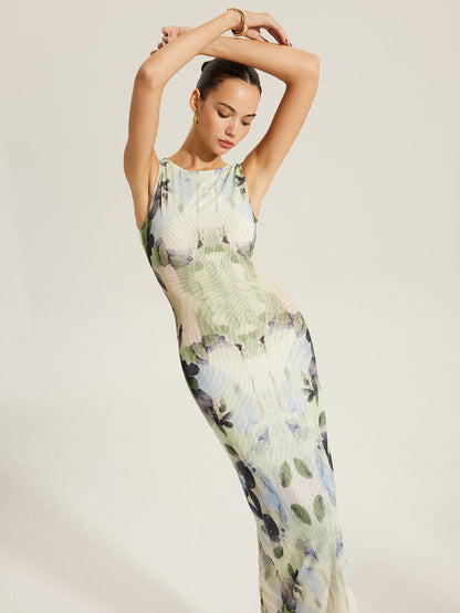 Çiçek Desenli Kolsuz Tül Elbise