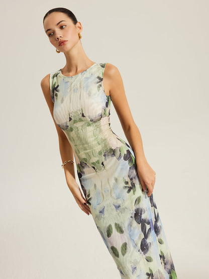 Çiçek Desenli Kolsuz Tül Elbise